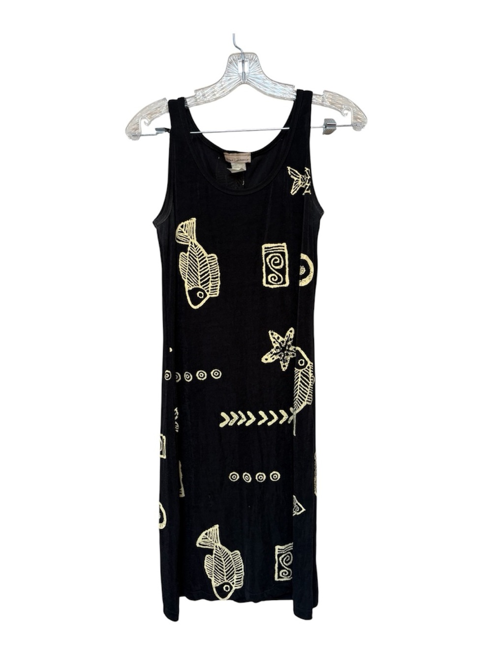 Susan Lawrence Abstract Fish Print Sleeveless Midi Dress Black Artsy Boho M